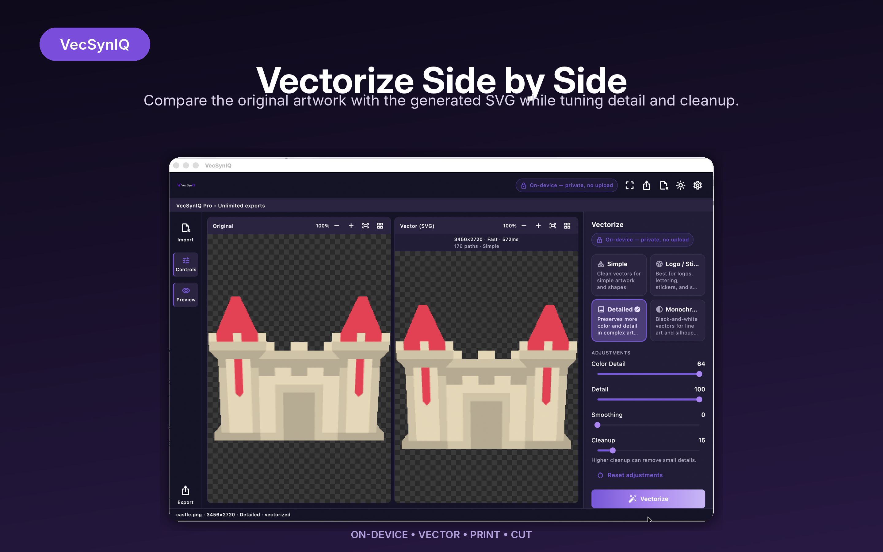VecSynIQ desktop vector editor on macOS showing dual Original and Vector canvases with precision settings rail